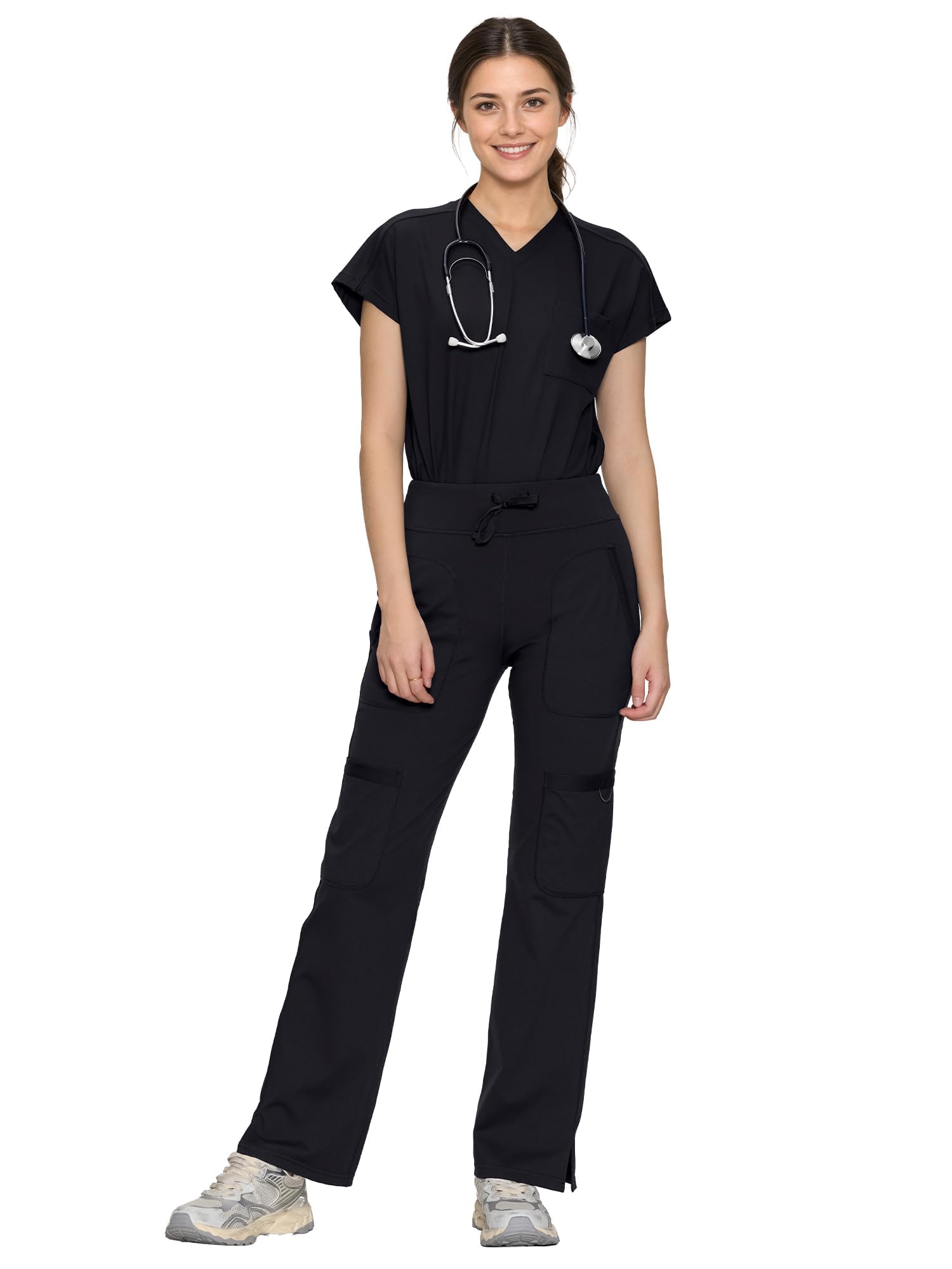 Scrubs for Women Set, V Neck Top & Straight Leg Pants Medium Black