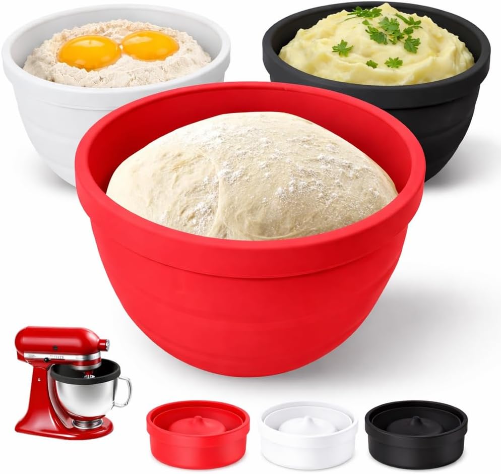 Silicone Bowl Liners for KitchenAid Stand Mixer 4.5–5Qt Tilt-Head, 3mm Extra Thick Food-Grade Non-Stick Bowl Insert with Splash Lids & Scale Markings, Foldable & Reusable, 3 Pack (Red, White, Black)