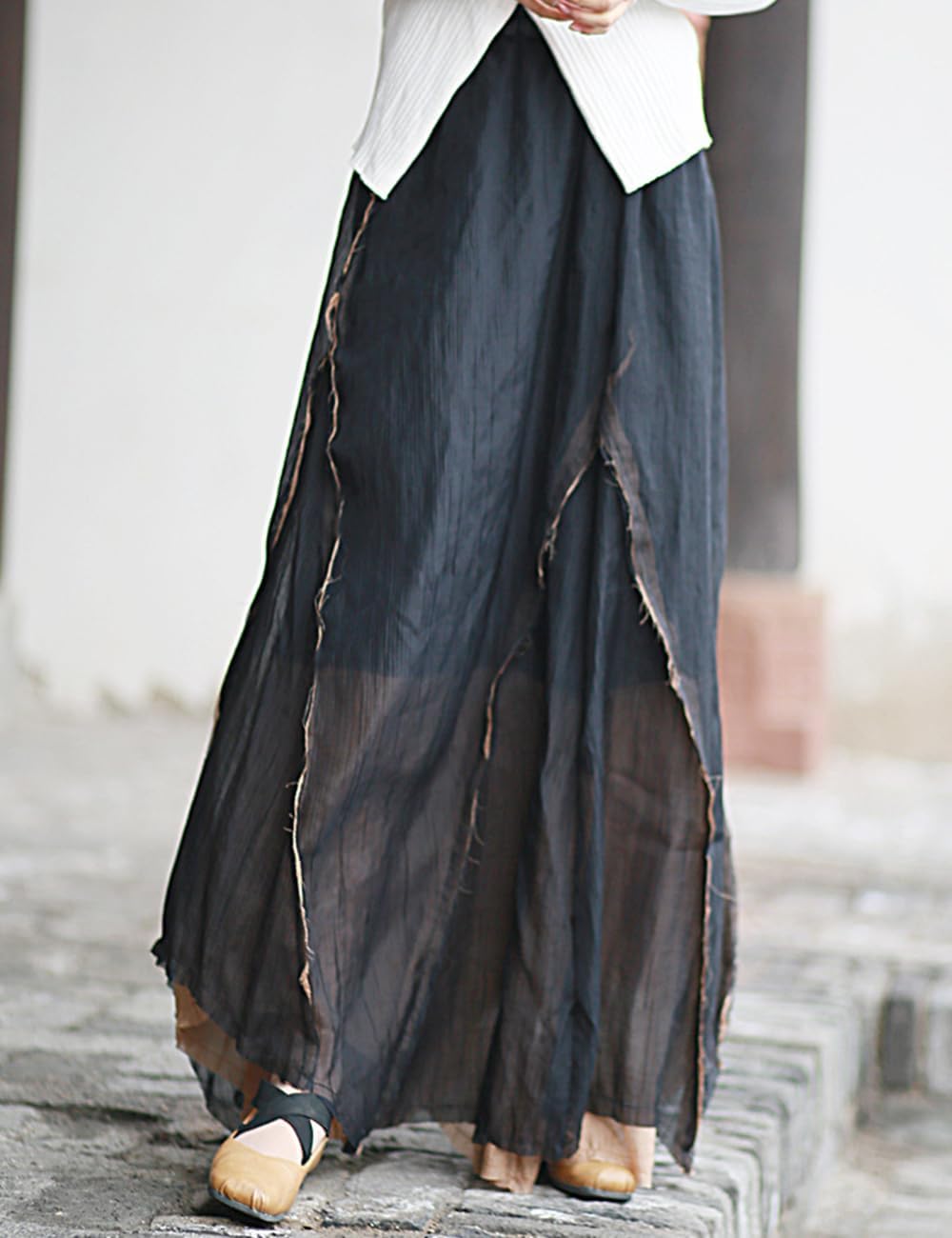 Ystylee Women Layered Long Skirt Elastic High Waist Patchwork Frayed Raw Irregular Skirt - Image 3