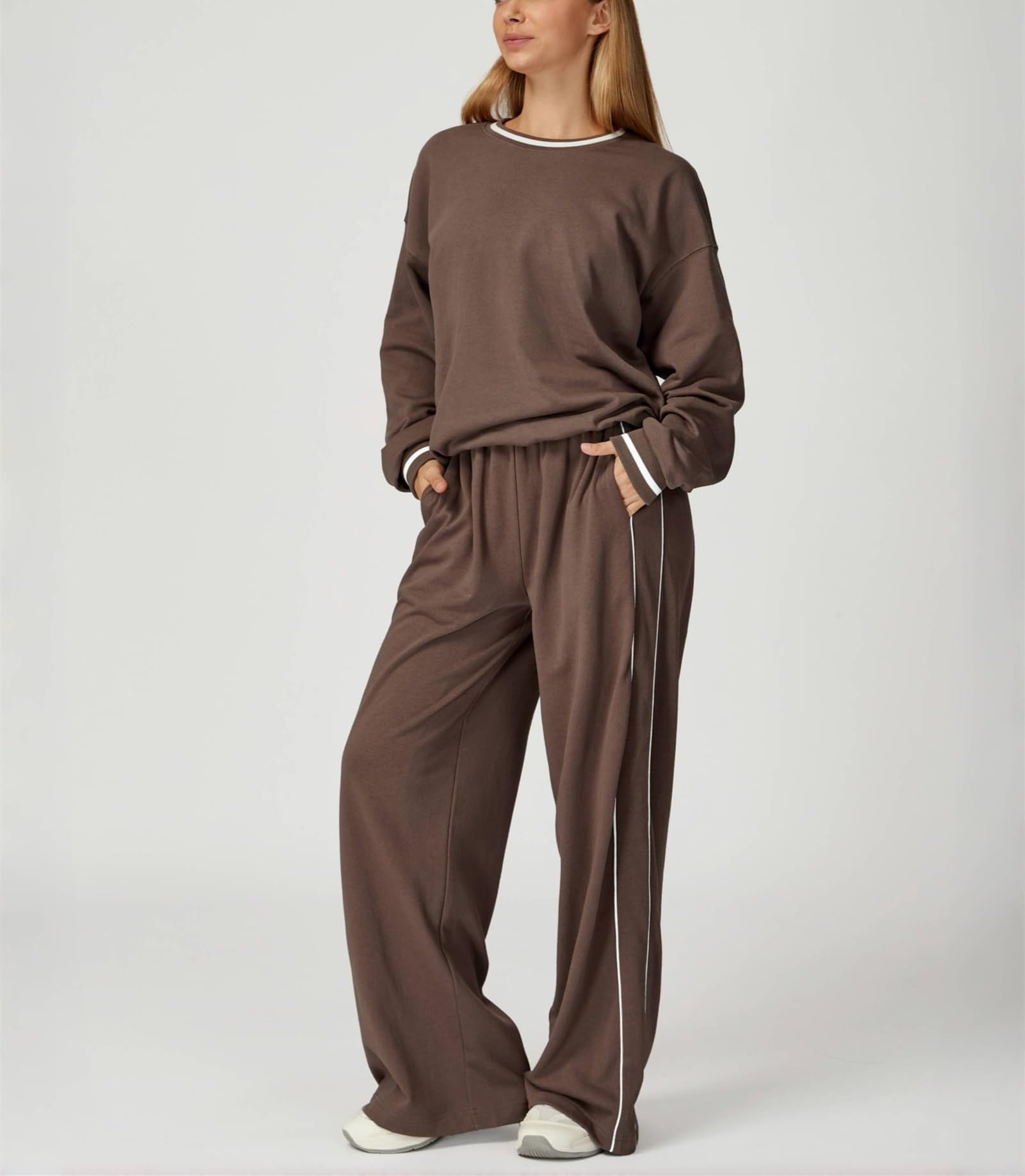 Damska prosta nogawka podwójna STRI Loungewith Wide Leg High Waist Baggy Track Elastyczna talia Bawełna Stretch Kontrast