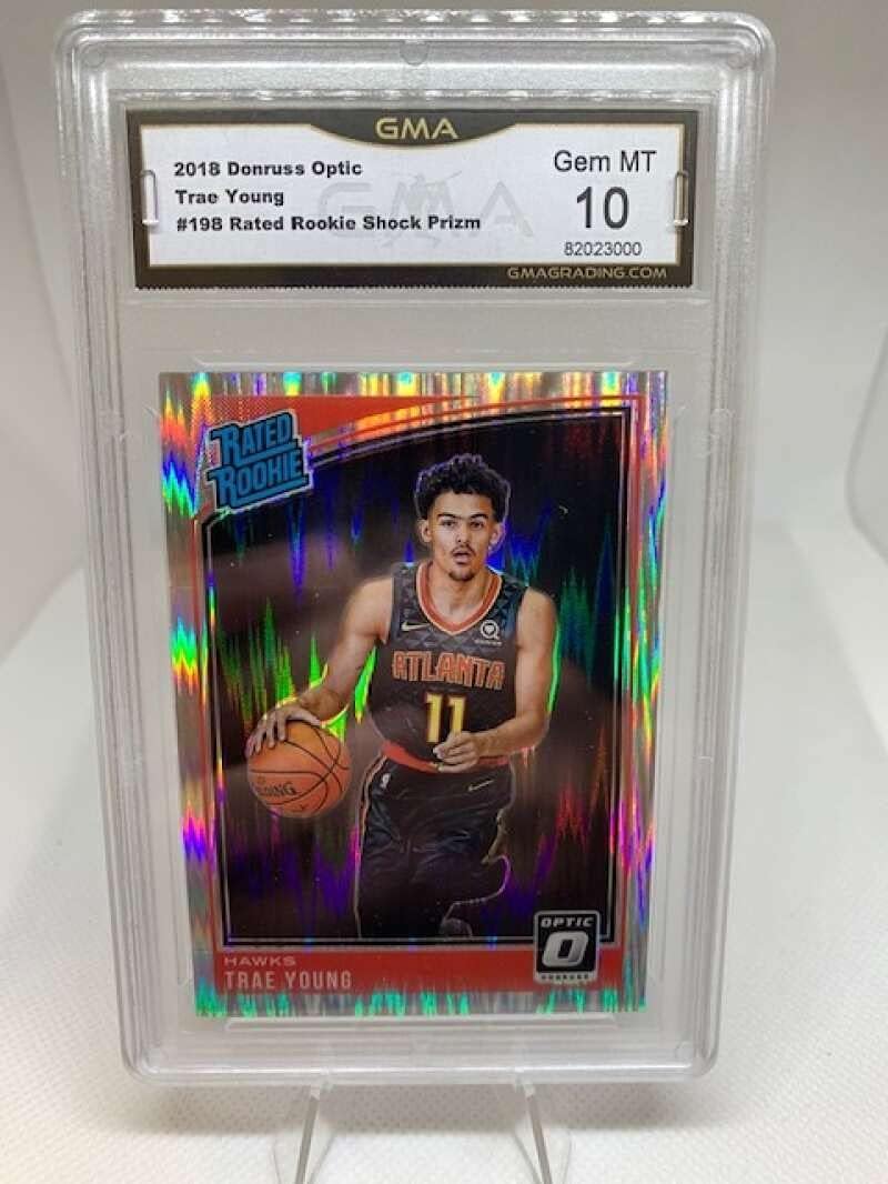 GMA Gem Mint 10 - #82023000 2018-19 Donruss Optic Rated Rookie Shock - #198 Trae Young Atlanta Hawks Professionally Graded NBA Basketball Trading Card.