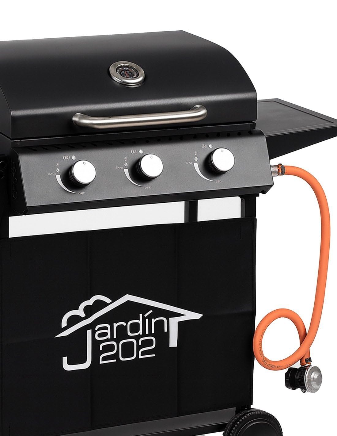 JARDIN202 - Barbacoa Gas Alaska 3 Quemadores | Parrilla Gas con Tapa y Ruedas | Termometro | Mesas Auxiliares Plegables | (Negro)
