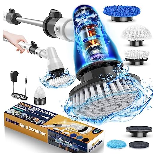Rechargeable Cordless Electric Spin Scrubber with 6 Replacement Brush Heads, Bathroom Scrubber with Long Extension Arm, Cleaning Brush for Bathtub Car
