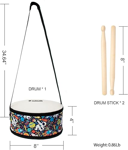 Miniatura 10 de MUSICUBE Juego de tambores de madera de 8 pulgadas con una correa ajustable y 2 baquetas educativas juguetes musicales para bebés juguetes