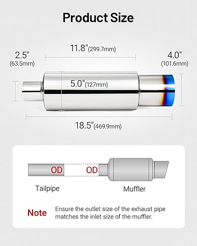 Miniatura 2 de EVIL ENERGY Silenciador de escape, punta de escape de acero inoxidable, longitud universal de 18.5 pulgadas (quemado, entrada de 2.5 pulgadas,