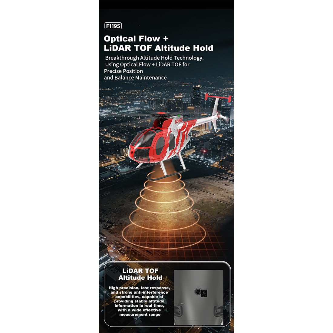 F119S MD500 RC elicottero, 1:16 2.4GHz 9CH Flybarless modello con GPS, LiDAR, rotore flybarless e modalità di volo 6G/3D, regalo per adulti, RTF