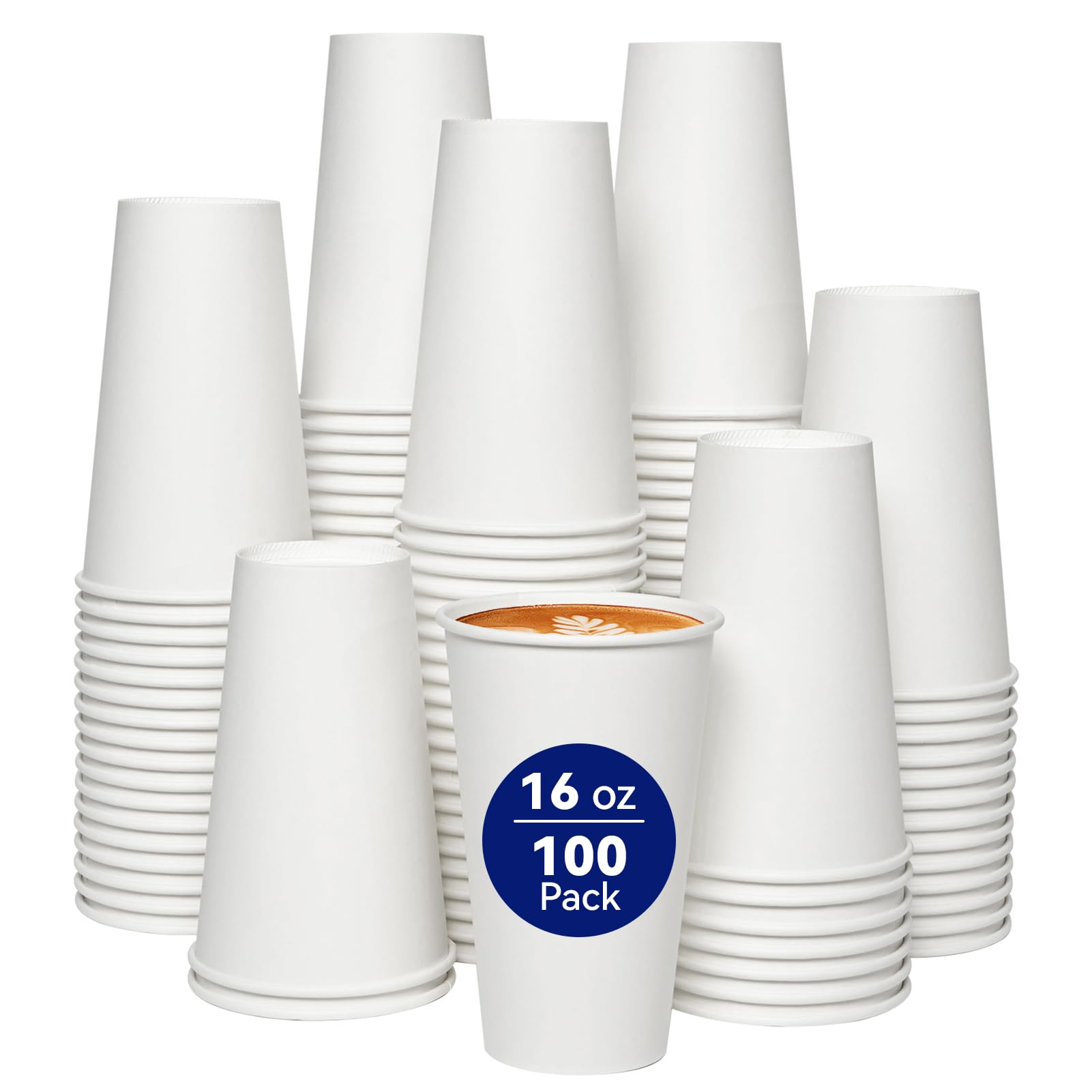 JOLLY CHEF 100 Pack 16 oz Disposable Cups Paper Coffee Cup, Hot/Cold Beverage Cups for Party, Wedding, Picnic | White Paper Cups for Water and Hot Drinks