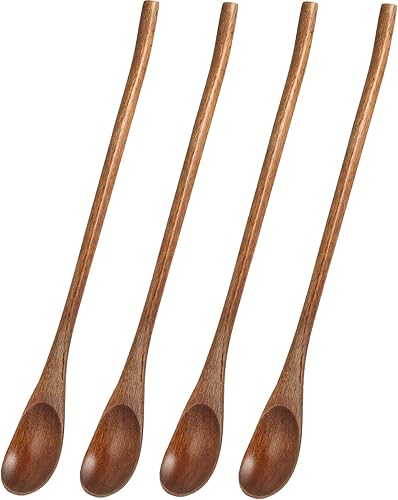 Operitacx 4 cucharas de madera, cucharas de mezcla de madera de mango largo a granel, cucharas de té largas para cuchara de miel, mezcla, agitar,