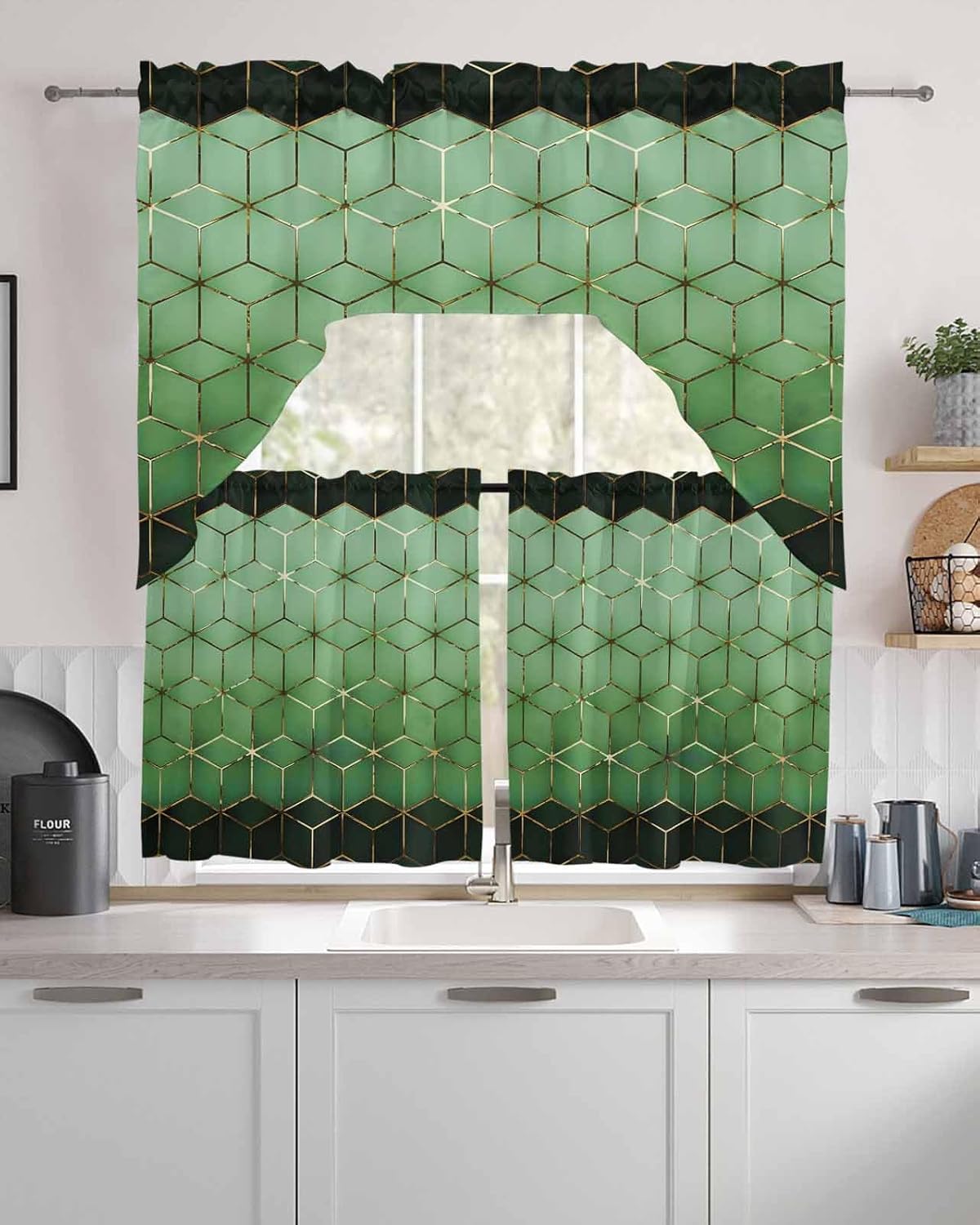 Savannan Kitchen Curtains Tiers and Swag Valance Set, Spring Sage Green Cubes Geometric Abstract Black Gold Rod Pocket Short Window Curtain for Bathroom Bedroom Cafe, 3 Pieces 36 Inch Long