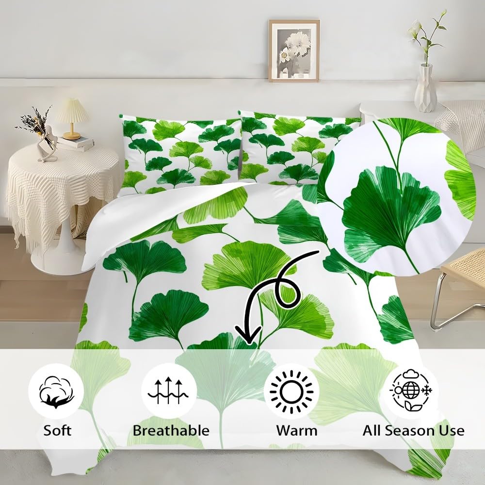3-częściowy komplet pościeli 200 x 200 cm, z mikrofibry, proste liście miłorzębu, poszewka na kołdrę z zamkiem błyskawicznym, 80 x 80 cm, zielona, oddychająca, nie wymaga prasowania i miękka poszwa na