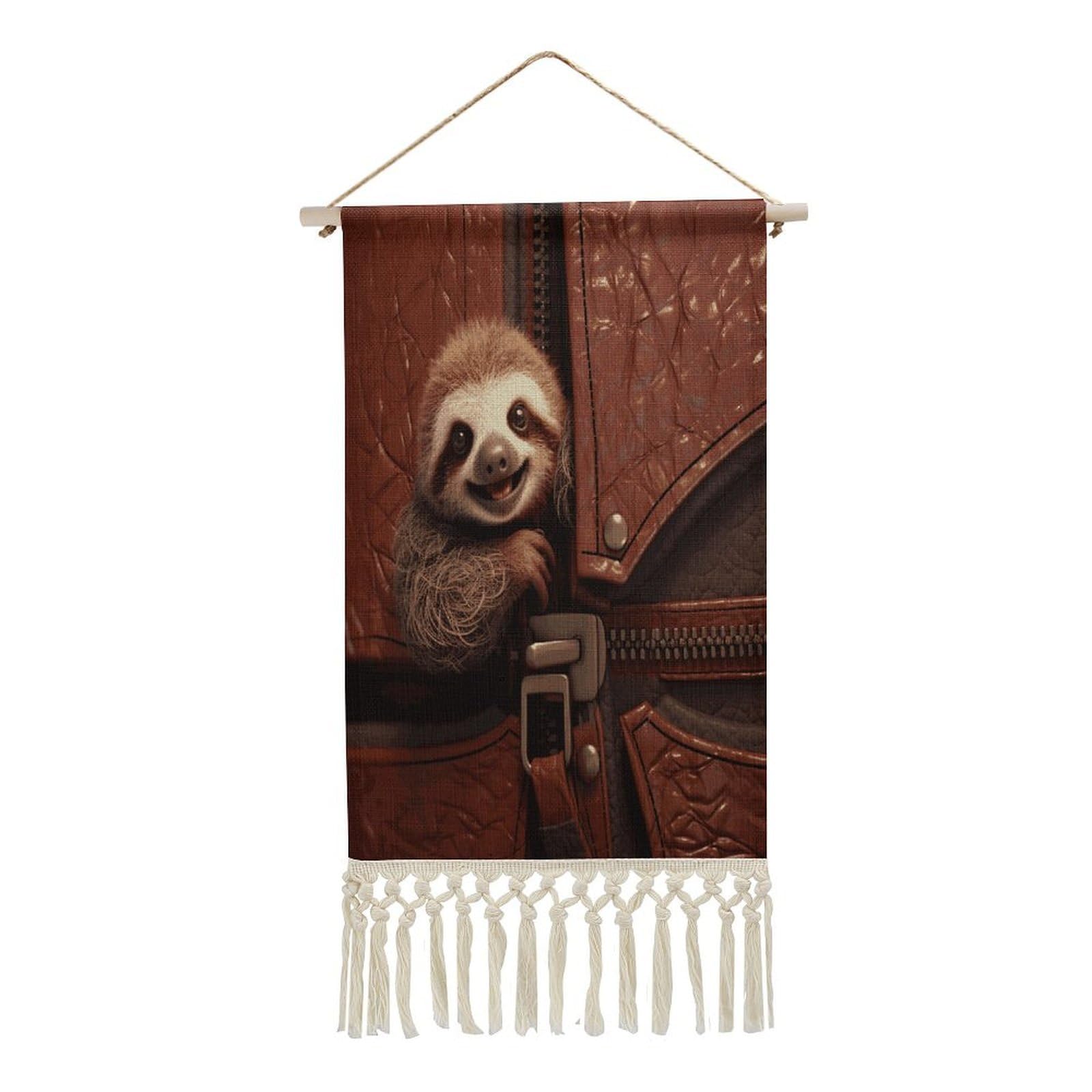 Adfgyerh Style Sloth On Zipper Tapestry With Tassels Cotton And Linen Hanging Posters, Wall Art For Travel Gift, Wall Tapestry For Office Home Decor Bedroom Living Room Decor