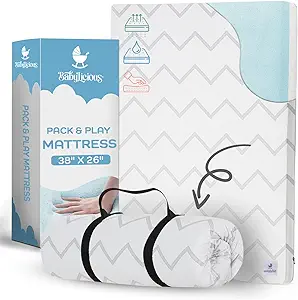 Waterproof Pack and Play Mattress Pad - 38" x 26" | Roll Up Style - Breathable Soft Memory Foam - Portable Mattress Topper- Baby Foam Mattresses for Babies - Includes Easy Carry Buckle