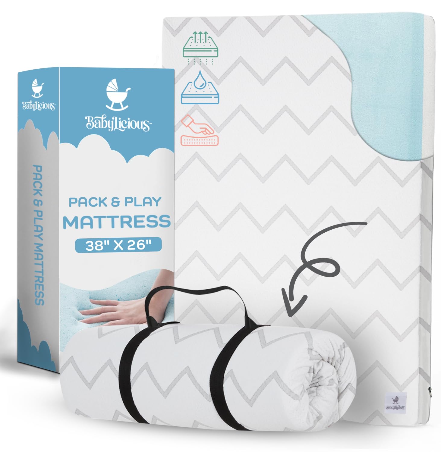 Waterproof Pack and Play Mattress Pad - 38" x 26" | Roll Up Style - Breathable Soft Memory Foam - Portable Mattress Topper- Baby Foam Mattresses for Babies - Includes Easy Carry Buckle