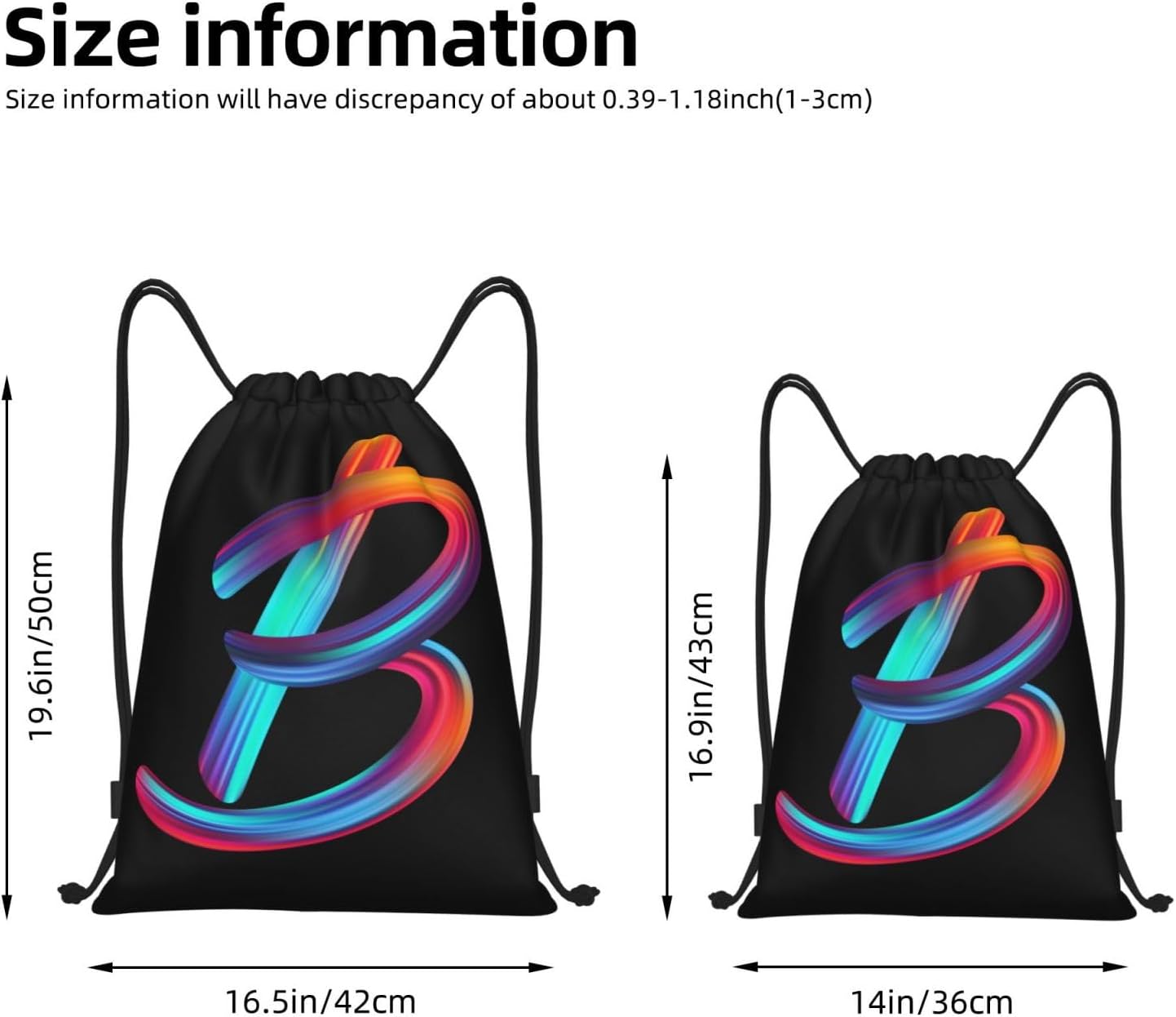 Drawstring Bags Initial Drawstring Backpack Sackpack Black Draw String Cinch Bags for Sports, Gym, Travel, Swimming, Beach, Camping, Rainbow Letter B image 3