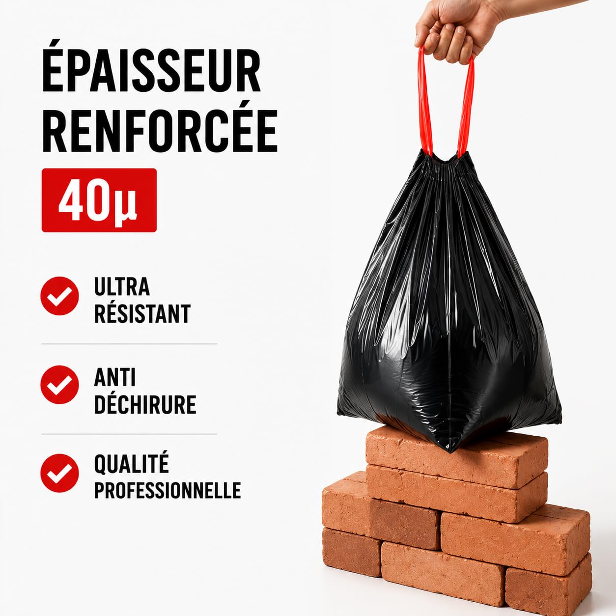 Bolsa de basura de 100 L, enlace deslizante, 50 bolsas de basura de 100 litros, negras, ultra resistente (40 µ) y antifugas, residuos alimentarios | cierre de enlace y asa | práctica e higiénica |