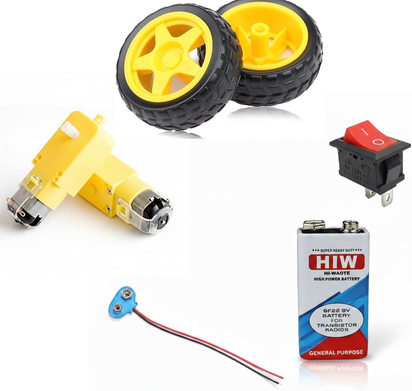 DC Gear Motor Set (2 BO Motor) with 2 Rubber Wheels, 9V Hi-Watt Battery, Battery Connector Clip, and ON/OFF Rocker Switch