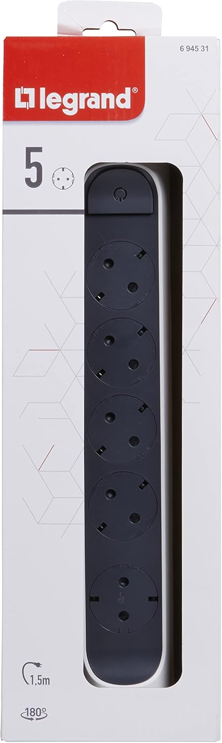 Legrand 694531, Power Strip, with Switch, Multi Plug with 5 Power Outlets, 1.5 MTS Cable, White/Dark Grey