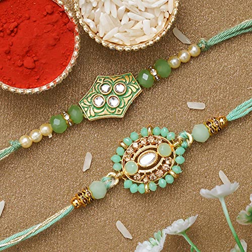 Image of eCraftIndia Set of 2 Multicolor Premium Designer Rakhis with Roli Chawal Pack and Best Bro Ever Fridge Magnet - Rakhi for Brother, Bhaiya, Bhai
