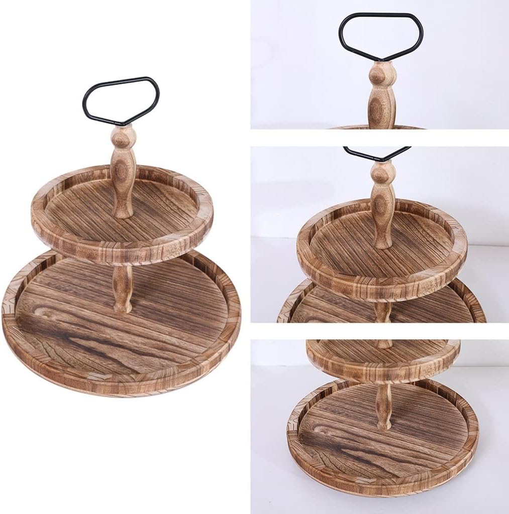 FMURY Coffee Party Dining Room Table Tea Home Multifunction Decorative Organizer Breakfast for Kitchen Countertop Wood Two Tier Tray