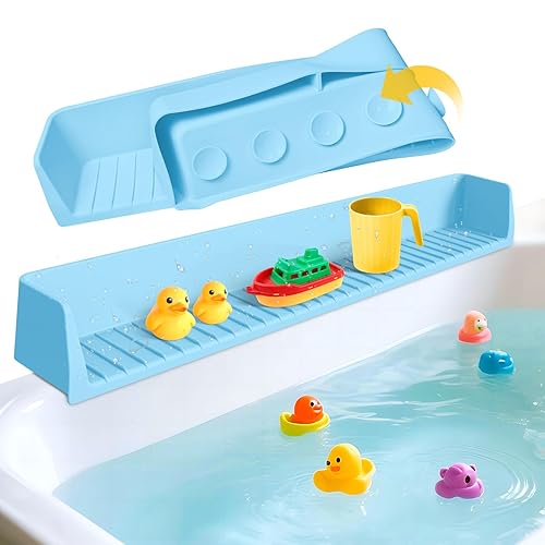 Protector contra salpicaduras para bañera para niños, protector contra salpicaduras de bañera de silicona con 11 ventosas, estante de juego para