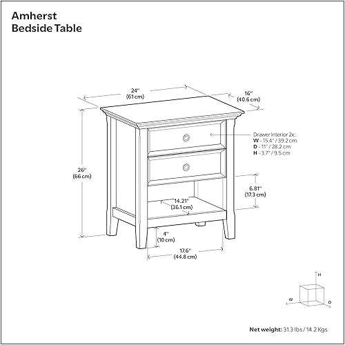Miniatura 39 de SIMPLIHOME Amherst Mesita de noche tradicional de madera maciza de 24 pulgadas de ancho, color gris niebla, para sala de estar y dormitorio Gris