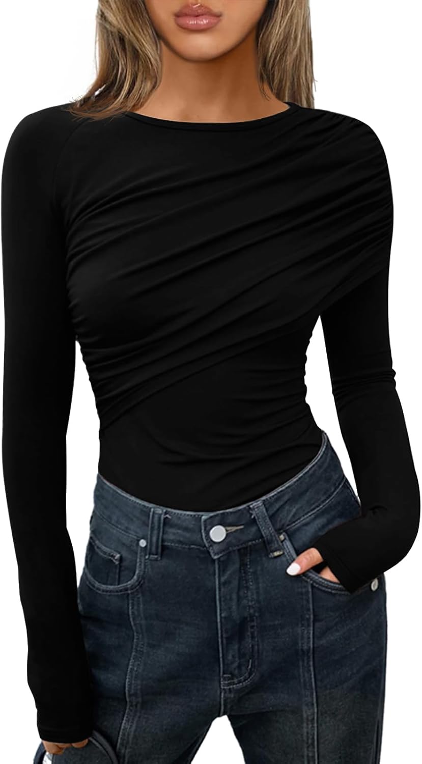 Cicy Bell Womens Long Sleeve Pleated Tops Fall Crew Neck Fitted Shirts Y2k Going Out Casual Ruched Blouse