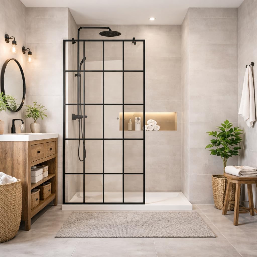 Framed Glass Shower Screen 34" Width x 72" Height with 1/4" 6mm Silk-Printing Tempered Glass, Matte Black Aluminum and Support bar, Shower Door