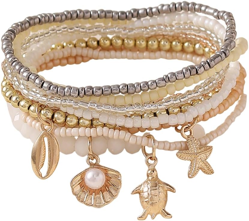 Caiyao Bohemian Multilayer Stackable Seed Beaded Bracelets Colorful Crystal Glass Beads Strand Bangle Bracelet BFF Wristbands Bracelet for Women Summer Beach Hawaii Jewelry Birthday Gifts