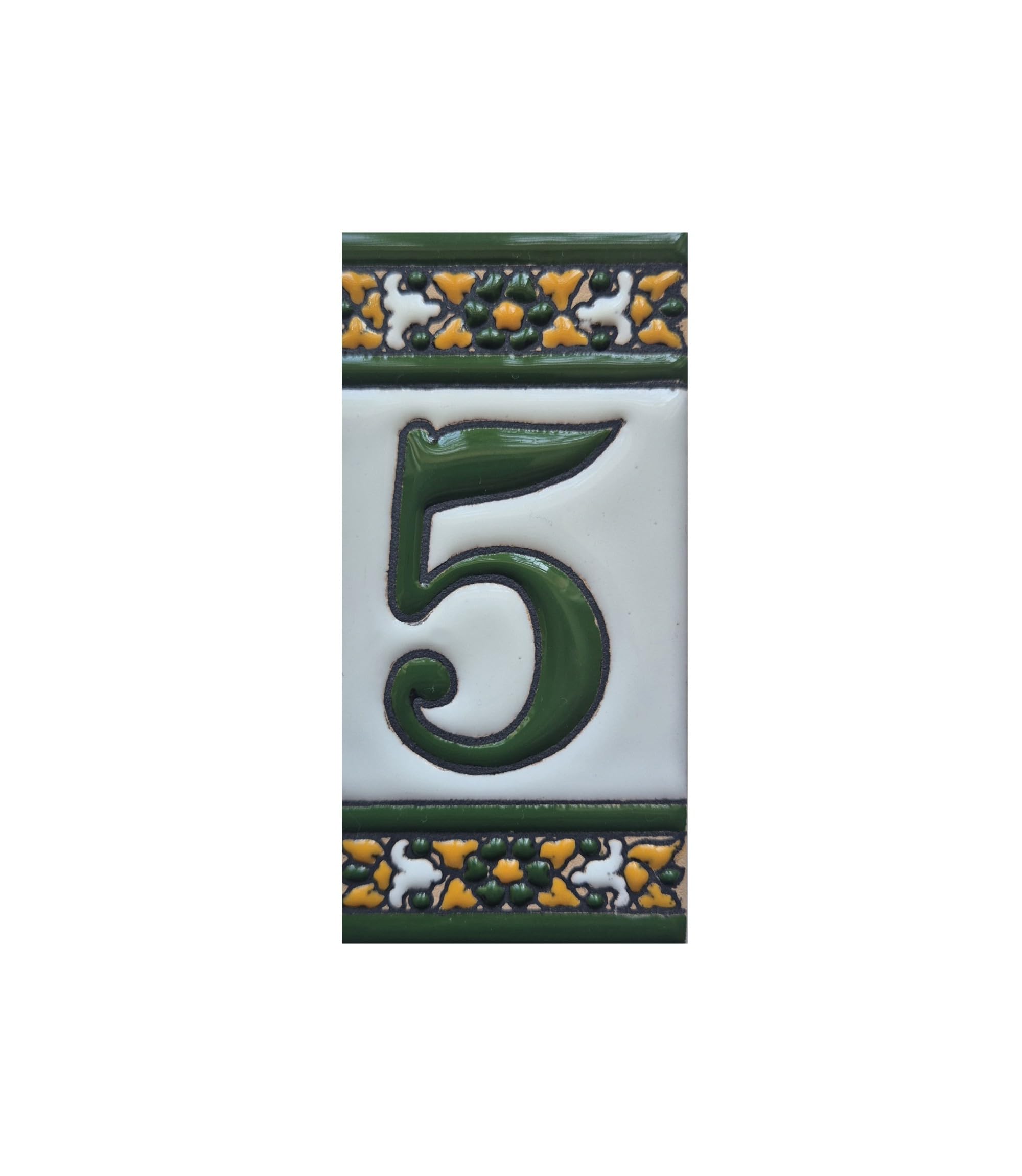 Sevillia Green, hand-painted ceramic house number tiles measuring 11 × 5.5 cm. (Number 5 tile)