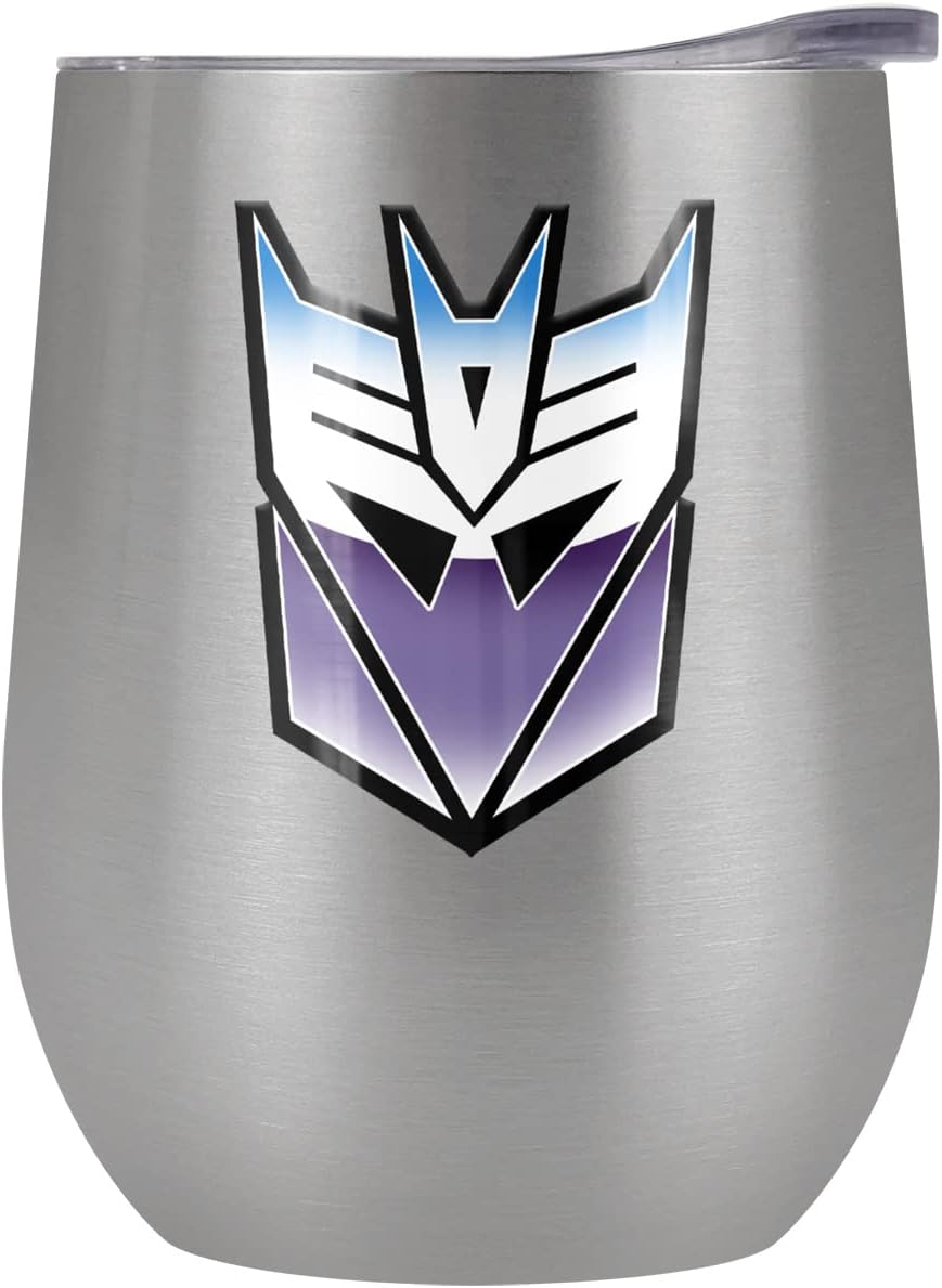 Transformers OFFICIAL Vintage Decepticon Logo 12 oz Stemless Tumbler, Stainless Steel Travel Cup|Lake Tumbler|Insulated with Leak Resistant Slide-Lock Lid
