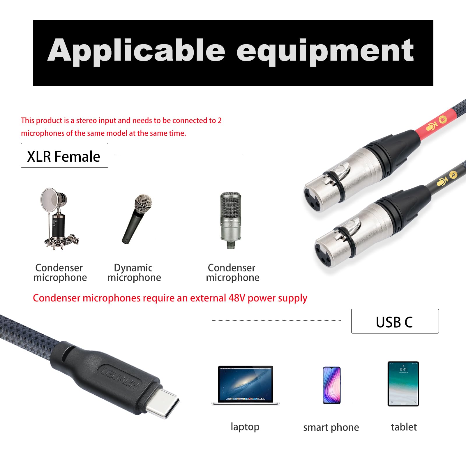 HUALUE - Cavo per microfono stereo da XLR femmina a USB C, cavo di registrazione XLR femmina per smartphone USB C, ingresso stereo a doppio canale da XLR a USB C, per microfono a condensatore dinamico