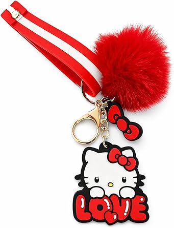 Hello Kitty Keychain | Hello Kitty Key Ring | Kawaii Pom Pom Fuzzy Key Chain | Kawaii Plush Lanyard Keychain | Sanrio Cat Figure Charm | Cute Sanrio Kitty Clip PomPom | Red | Officially Licensed