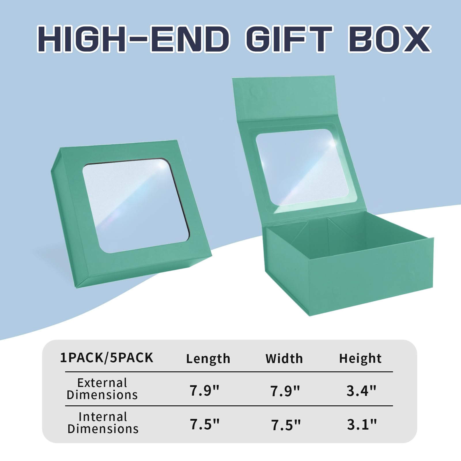 Hellgrüne Geschenkboxen mit Fenster, 19,1 x 19,1 x 7,9 cm, Brautjungfernboxen zum Verschenken, Geburtstagsgeschenkboxen mit Magnetverschluss, Deckel für Geschenke, niedliche Boxen, luxuriös für