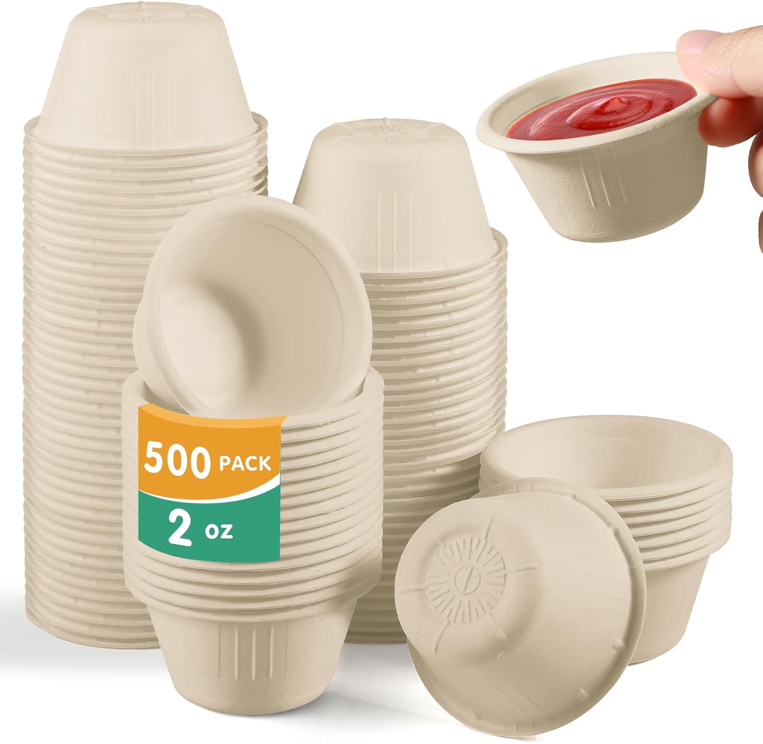 [𝟐𝐨𝐳, 𝟓𝟎𝟎-𝐏𝐚𝐜𝐤] Compostable Souffle Cups, Biodegradable Paper Portion Cups Made from Bagasse, Leak-Proof & Sturdy for Dips, Dressings, Samples (White)