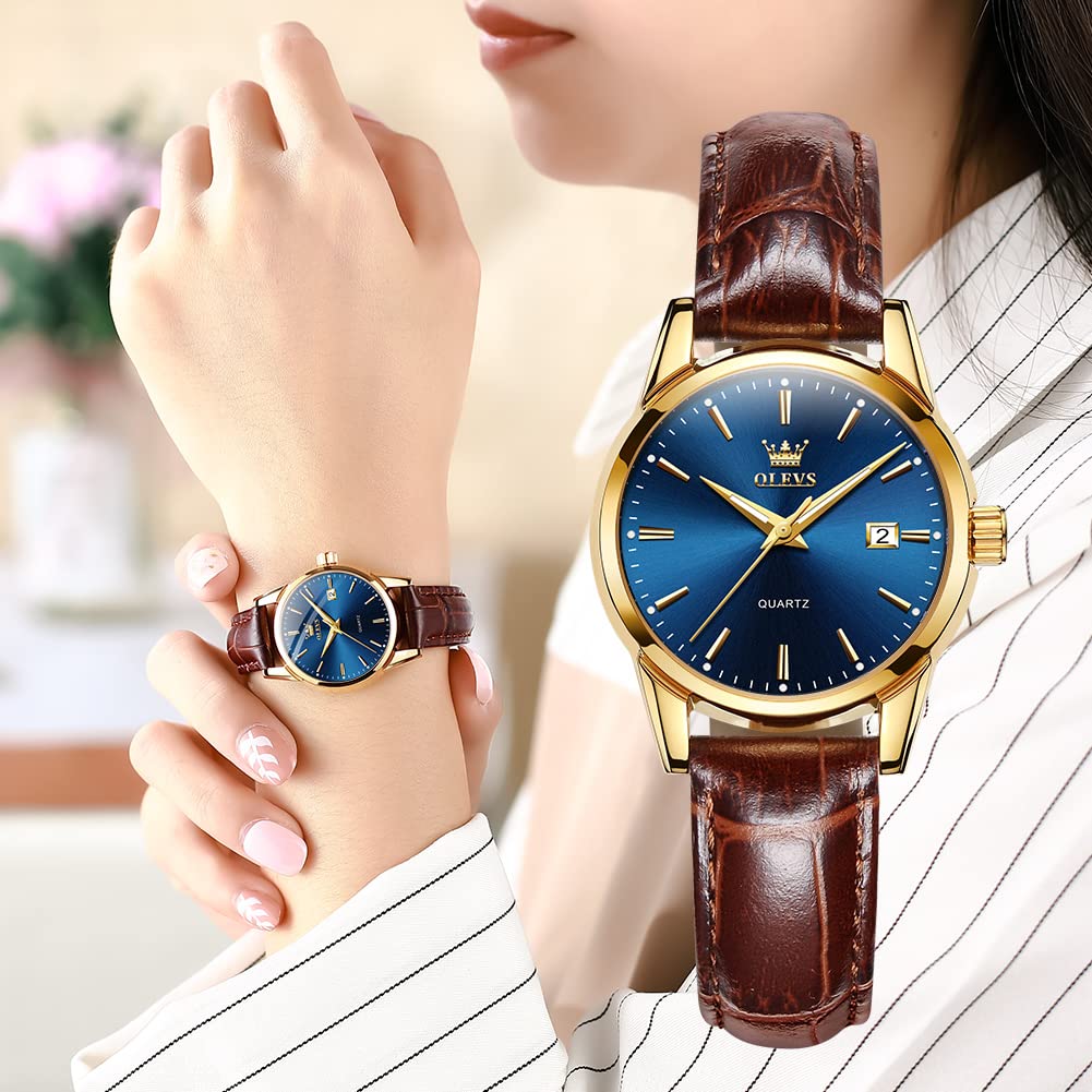 OLEVS Women Leather Watch - Analog Ladies Quartz Watches Luxury Dress Watch for Small Wrists Waterproof with Date Day Function - Reloj para Mujer