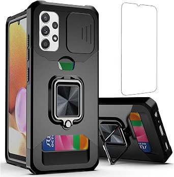 Design for Samsung Galaxy A32 5G Phone Case with Screen Protector Card Holder Stand Kickstand Heavy Duty Slim Shockproof Hybrid Rugged Drop Protective Cover for Women Men 6.5 inch Black