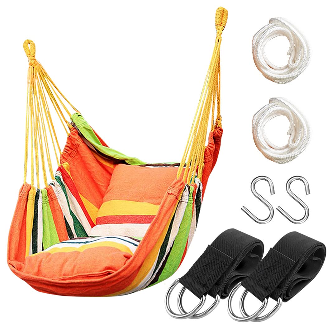 Hangmat stoel opknoping touw schommel, max 300 lbs hangstoel met zak - kwaliteit katoenen weefsel voor superieur comfort en duurzaamheid, perfect voor buiten, thuis, slaapkamer, terras, tuin (kaki