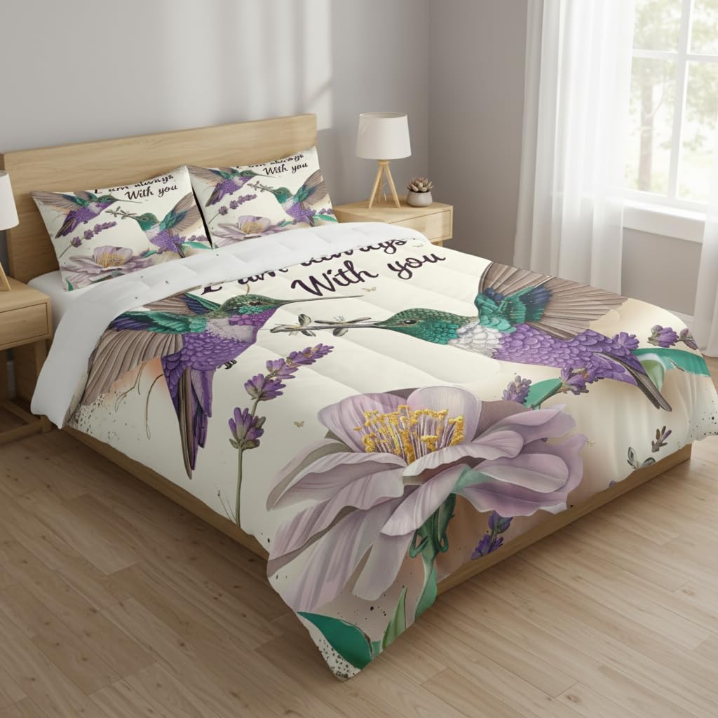 CCoutueChen Purple Hummingbird Bedding Sets Queen,Vintage Floral Comforter Cover for Youth Women with 2 Pillowcases/90 * 90