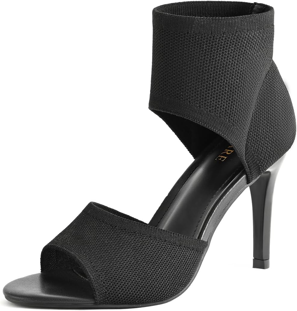 Peep Toe Heels for Women Sexy 3 Inches Stiletto Heeled Sandals for Women Open Toe Wide Stretchy Knit Heel Sandal Booties Slip On Comfortable Dressy Shoes for Prom, Party and Work