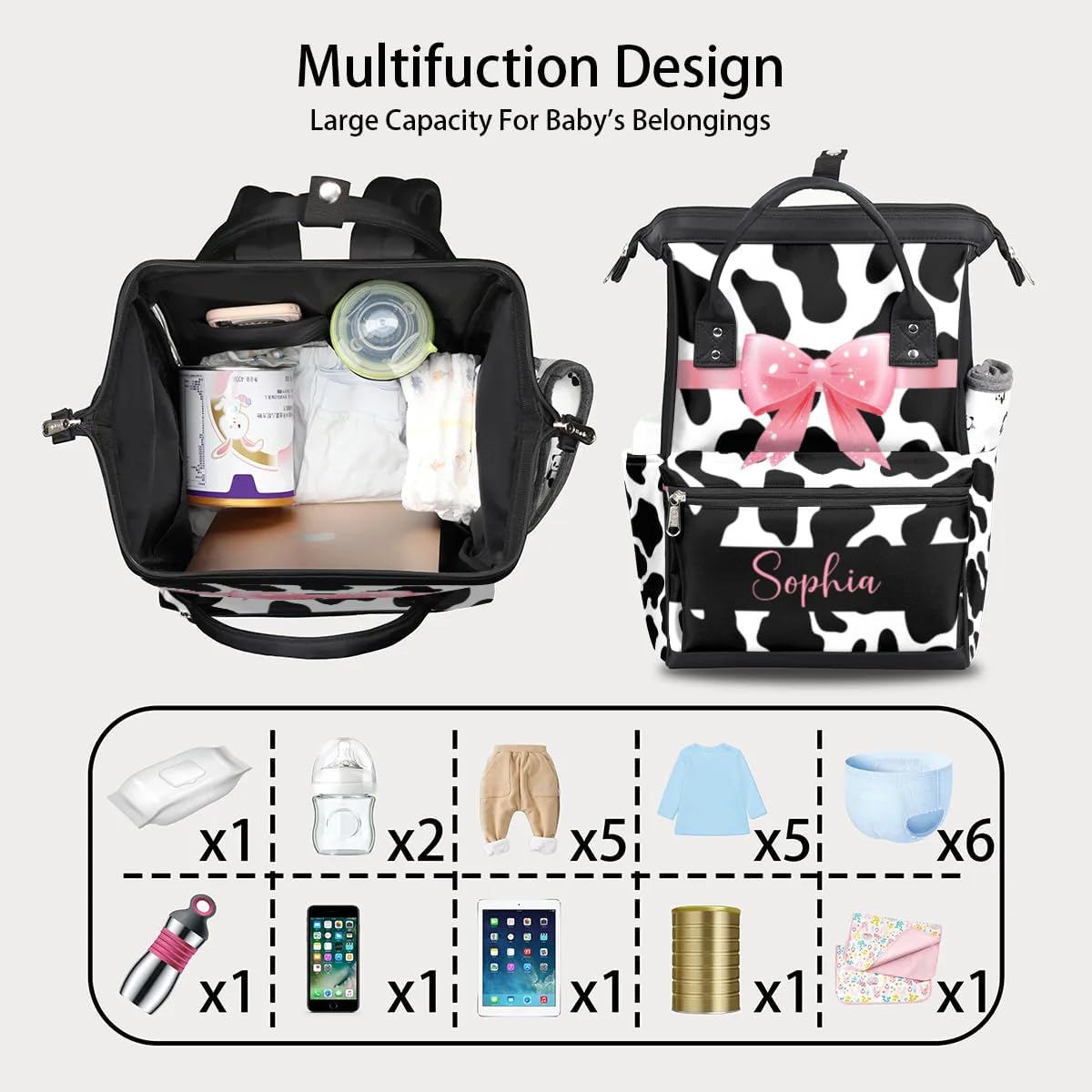 Personalized Diaper-Backpack for New-Mom-Dad Baby-Nappy-Bag Stroller Rucksack Baby Backpack 11x7x15.7 inches Cow Print Diaper-Bag Gifts