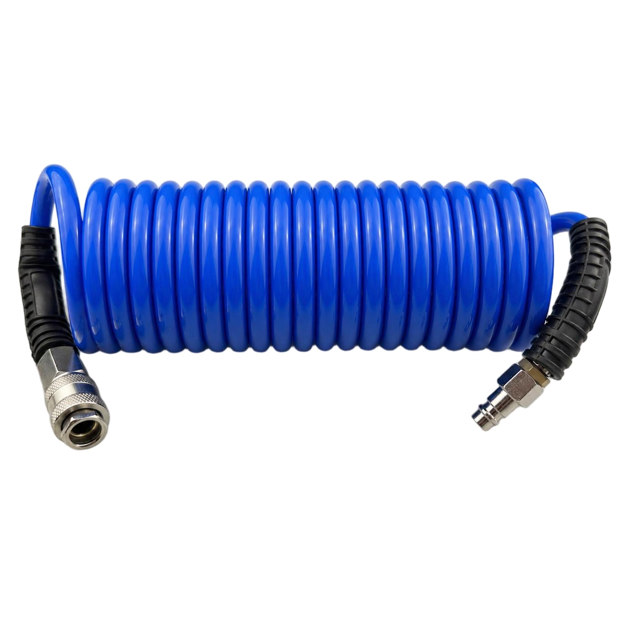 Darnassus Polyurethane Recoil Air Hose, 6 mm Inner Diameter, 4.5 m Blue with Bend Restrictor and Industrial Quick Coupler and Plug