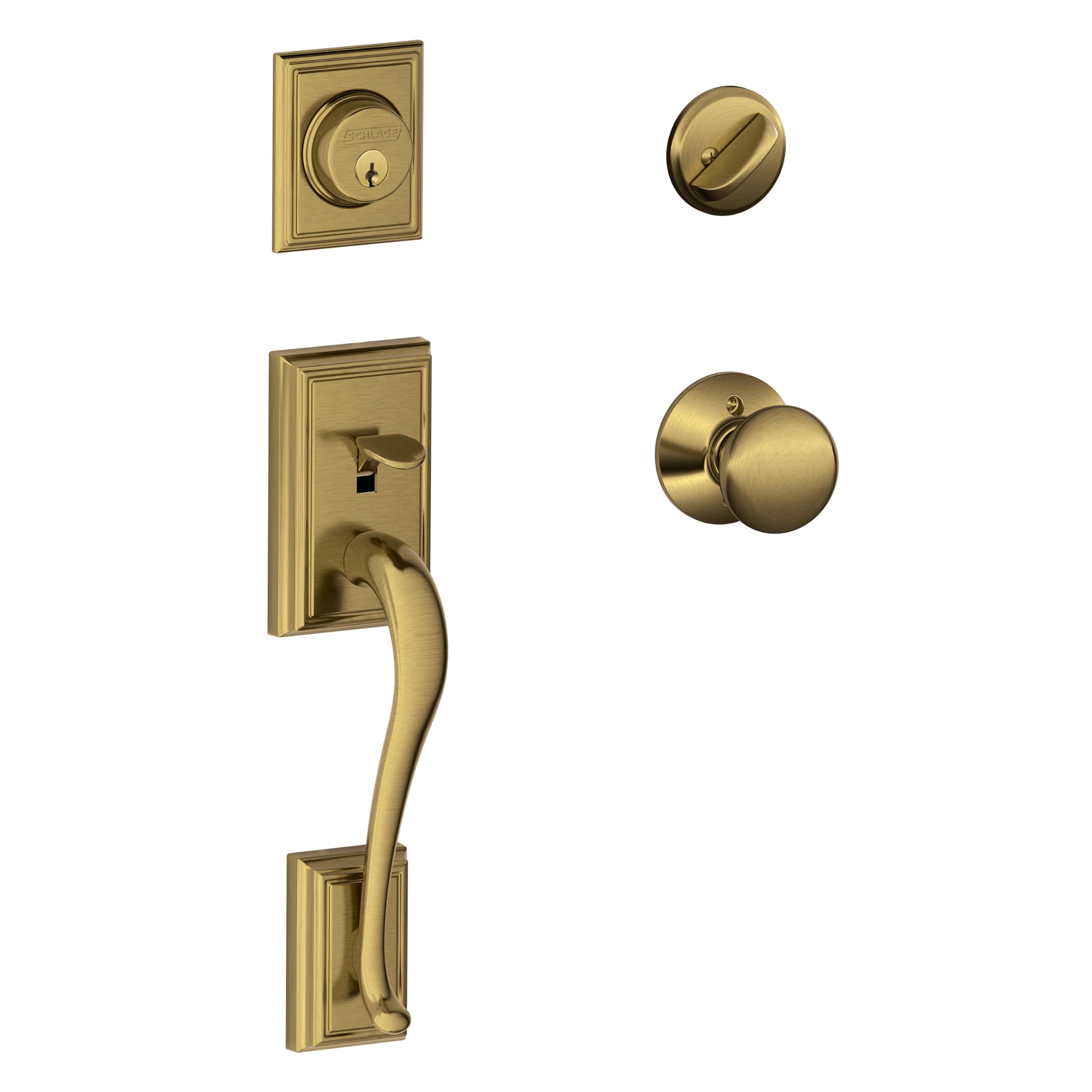 SCHLAGE Front Door Entry Handleset, Plymouth Knob, Antique Brass