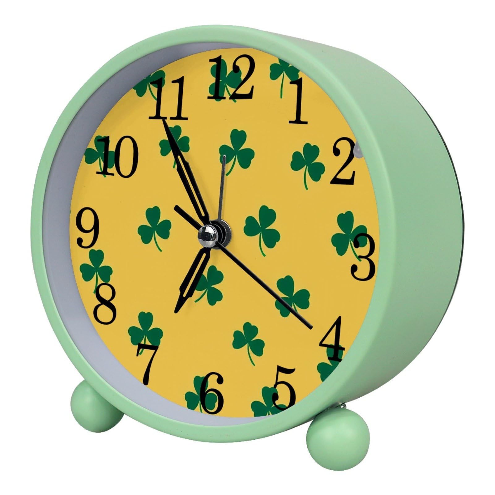etoenbrc Shamrock with Yellow Background Round Battery Operated Bedside Alarm Clock Non-Ticking Desktop Silent Analog Alarm Clock with Light