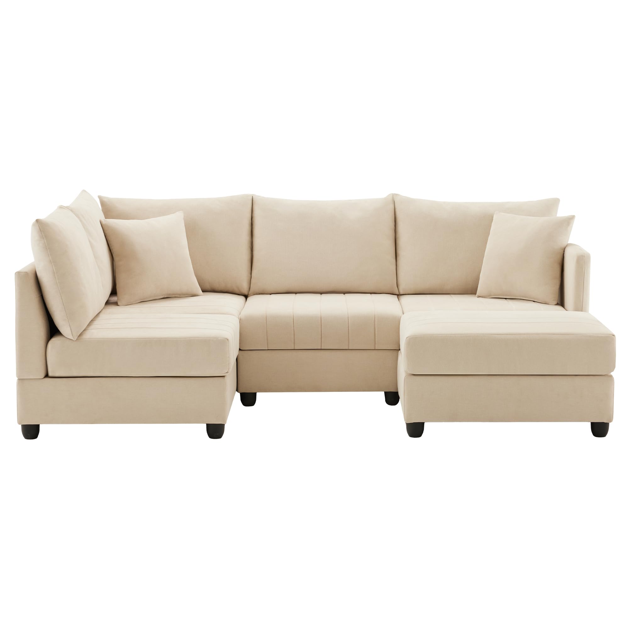 Divano moderno ad angolo, 220x194x85cm, divano a 5 posti, divano a L con poggiapiedi trasformabile e 2 cuscini, a righe verticali, divani combinato,sofa,Beige