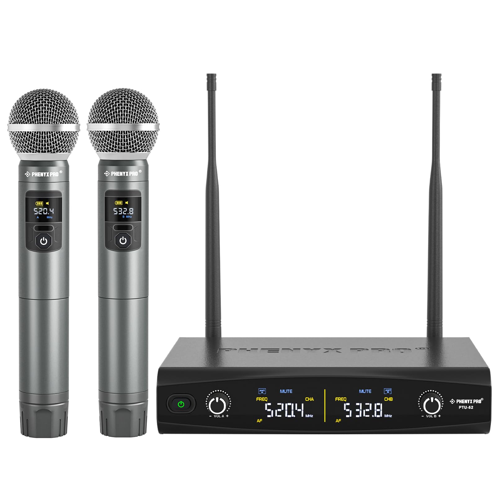 Phenyx Pro Mikrofon Drahtloses Mikrofonsystem, kabelloses Handmikrofon-Set für Gesang, Karaoke, Kirche, 2x30 UHF einstellbare Frequenzen, 200ft Reichweite (PTU-52)