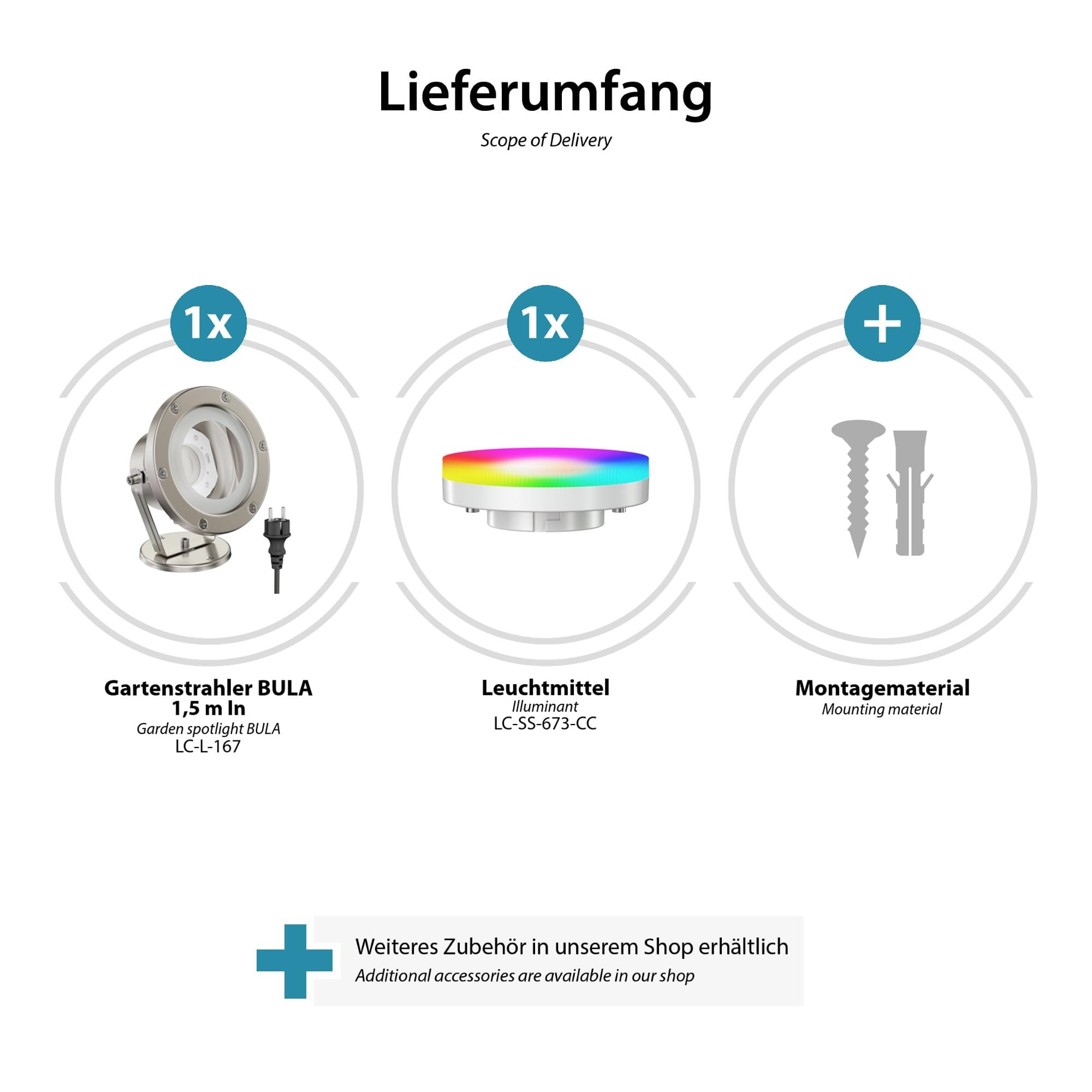 ledscom.de Gartenstrahler BULA für außen, Edelstahl + RGB Leuchtmittel warmweiß - kaltweiß (2900-6200)