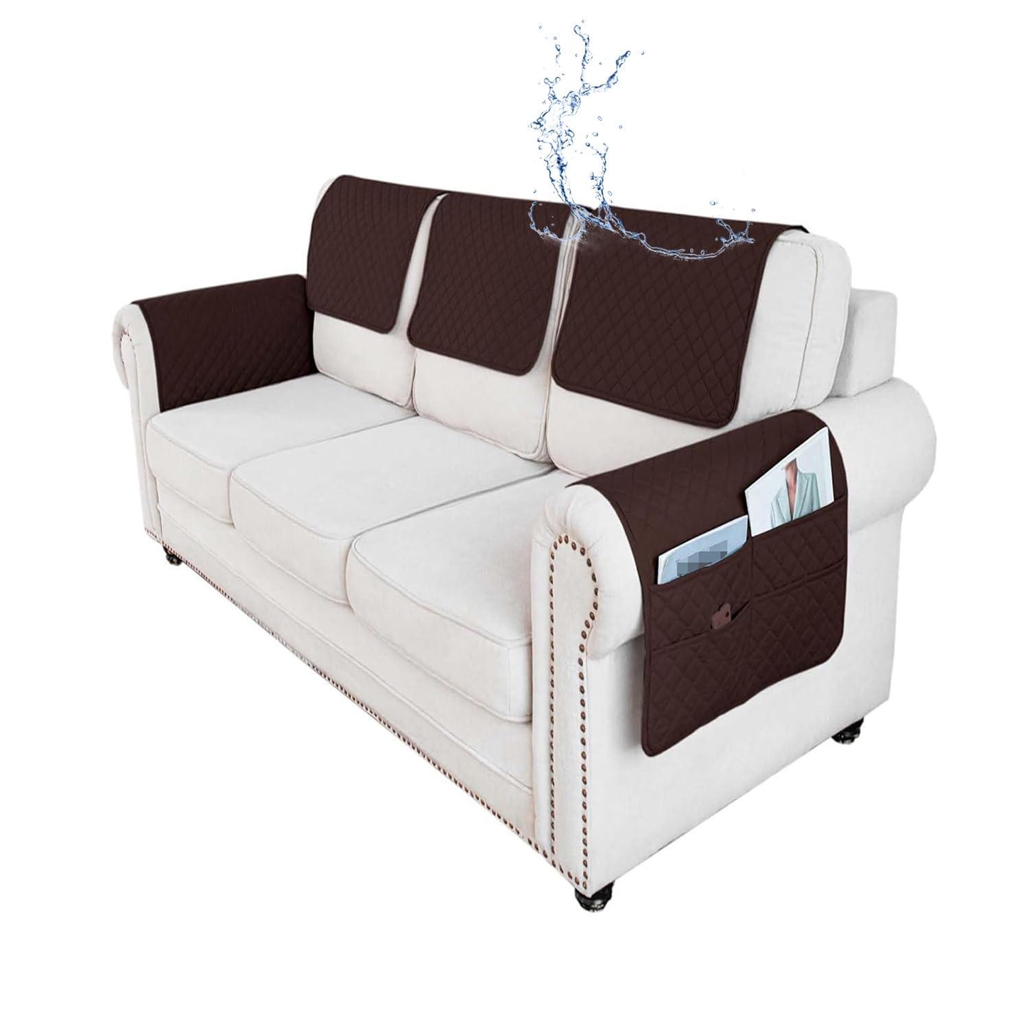 ILiemao 3 or 4 or 5 Pieces Sofa Headrest Cover for Recliner Chair with Storage Pockets Non Slip Armrest Cover Fuzzy Couch Cover Washable Furniture Protector(F4,5 piece set)