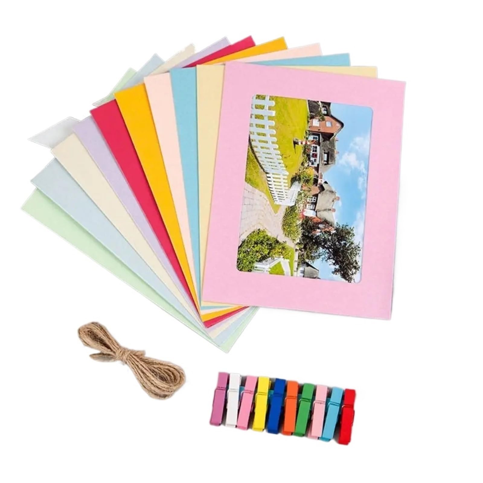 Gwyzax Paper Picture Frames 50Pcs/Set DIY Craft Paper Photo Frame With Clips Rope Wall Hanging Picture Album Wedding Happy Birthday Home Decor(Multicolor)