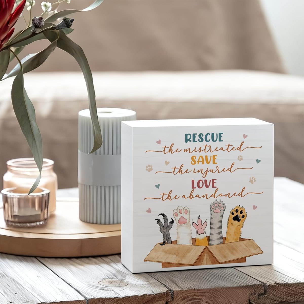 Animal Rescue Lover Veterinarian Gifts Wood Box Desk Decor Sign, Thank You Christmas Gifts for Animal Pet Lover Veterinarian Wooden Box Decor, Rescue The Mistreated Save The Injured Love The Abandoned image 3