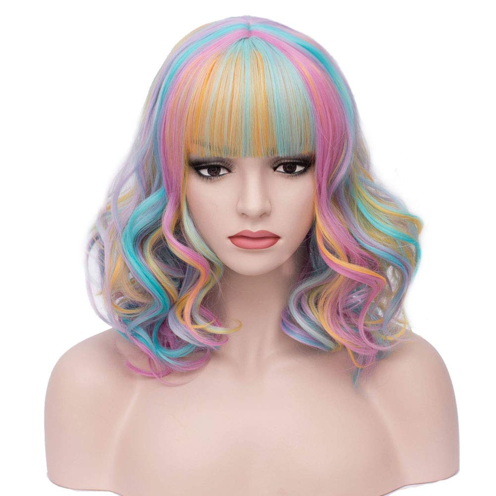BERONRainbow Wig Short Curly Wig Women Girl's Synthetic Wigs Rainbow Wigs with Bangs Hairnet Included